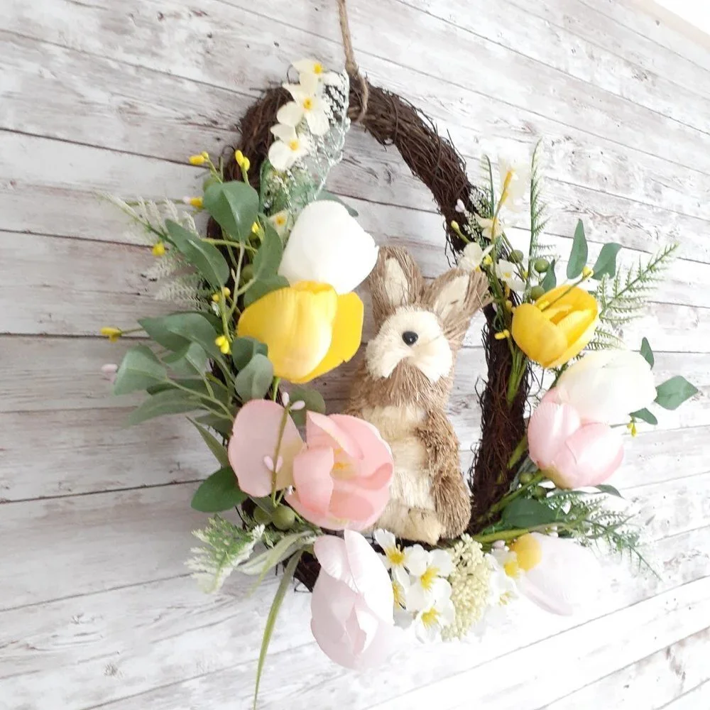 Easter Wreath Bunny Tulip Flowers Egg Shaped Grapevine